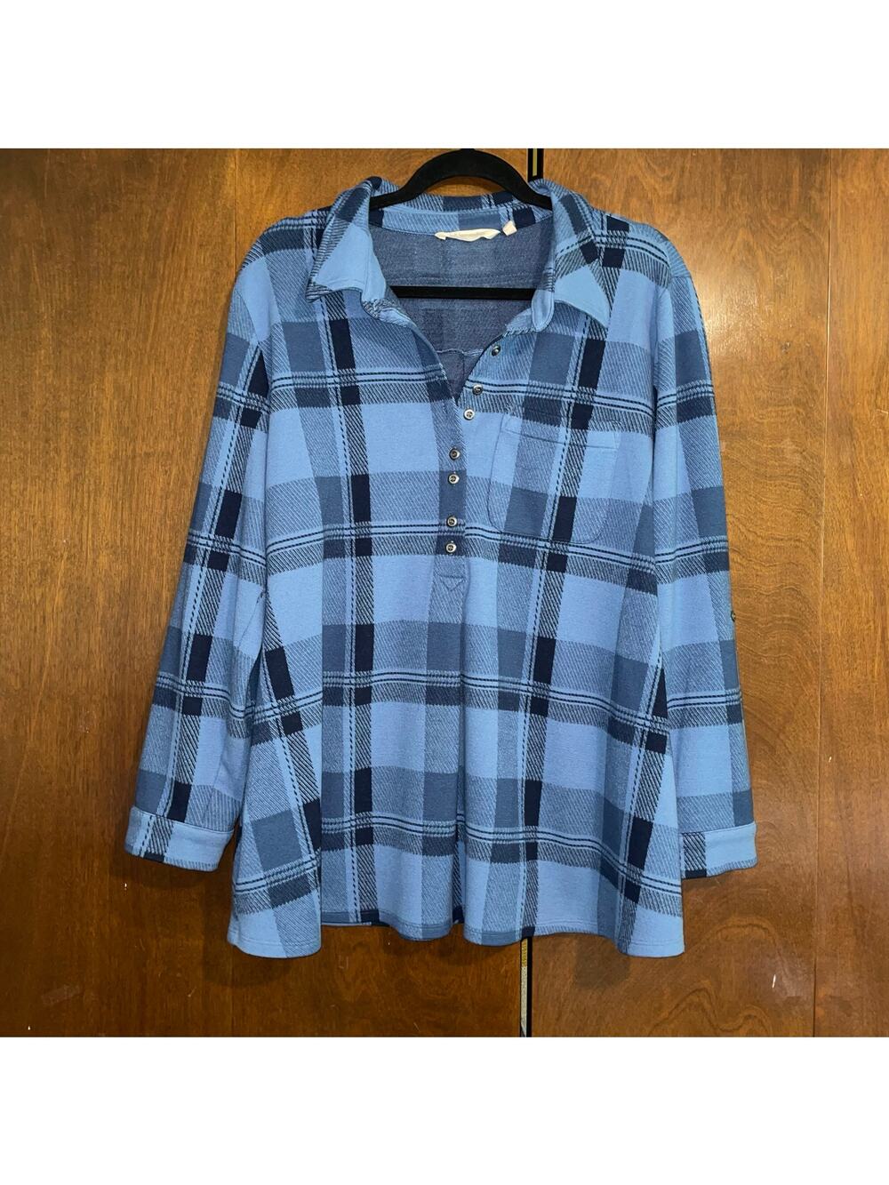 Soft Surroundings Mad About Plaid Blue Flannel Tunic Top LS Size Large Soft Cozy